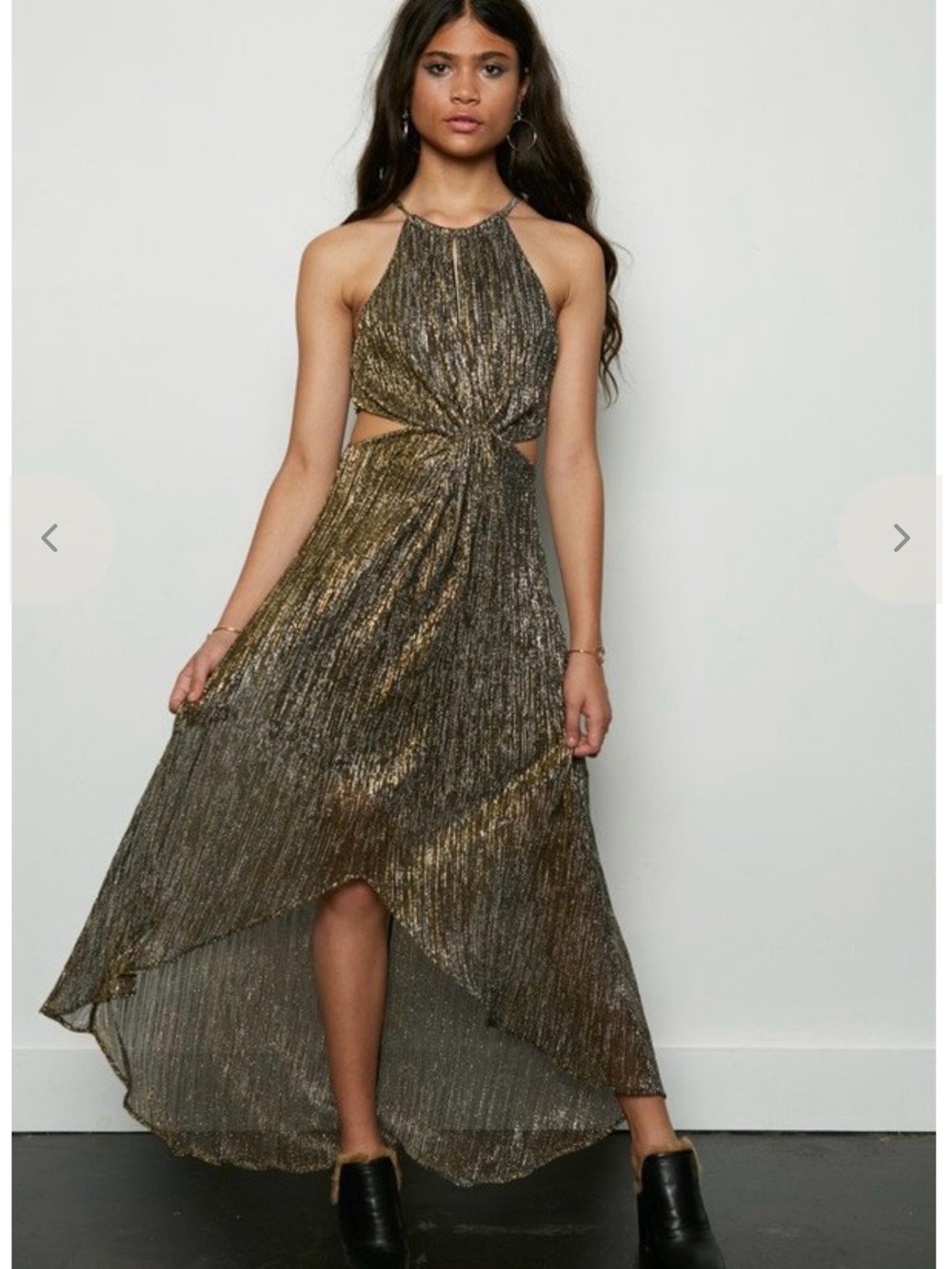 ASTR the label Gold/Black Metallic Pleated Halter cutout Hi-low dress size S